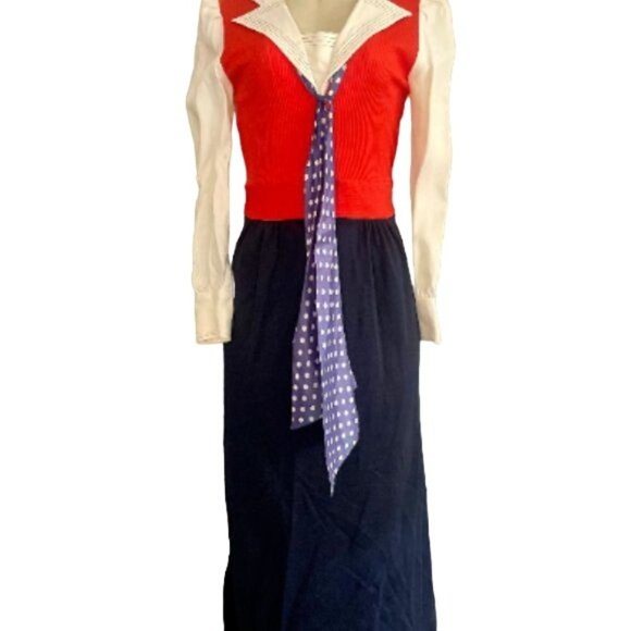 Vintage 70s Maxi Dress Sz S M Red White Blue w Long Sleeves & Polka Dots scarf. - Picture 2 of 8